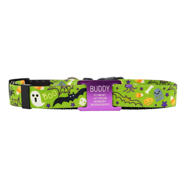 Personalized Halloween Dog Collars with Reflective Stitching and Slider Tag