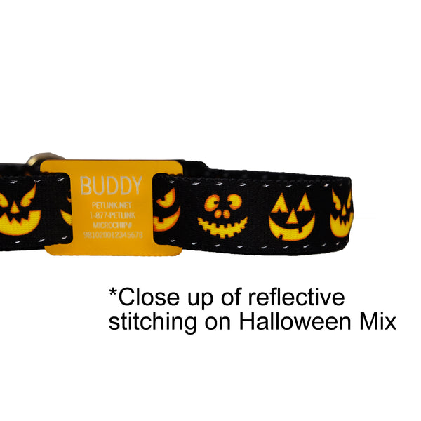 Personalized Halloween Dog Collars with Reflective Stitching and Slider Tag
